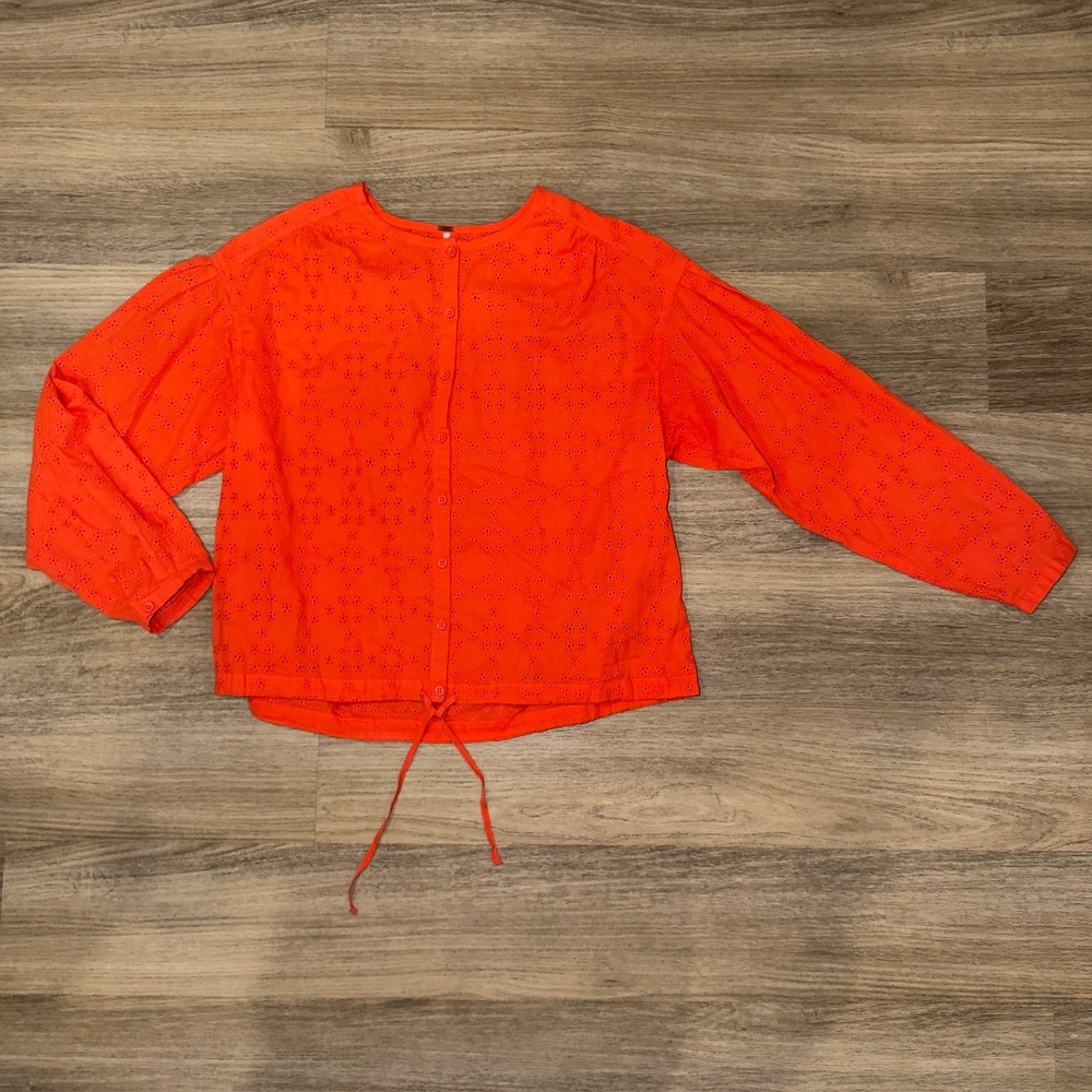 Free People Orange Eyelet Button Front Drawstring Hem Blouse XS